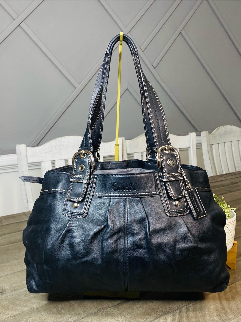Coach Soho Pleated Black Leather Large Shoulder Tote Bag Handbag Purse F13733